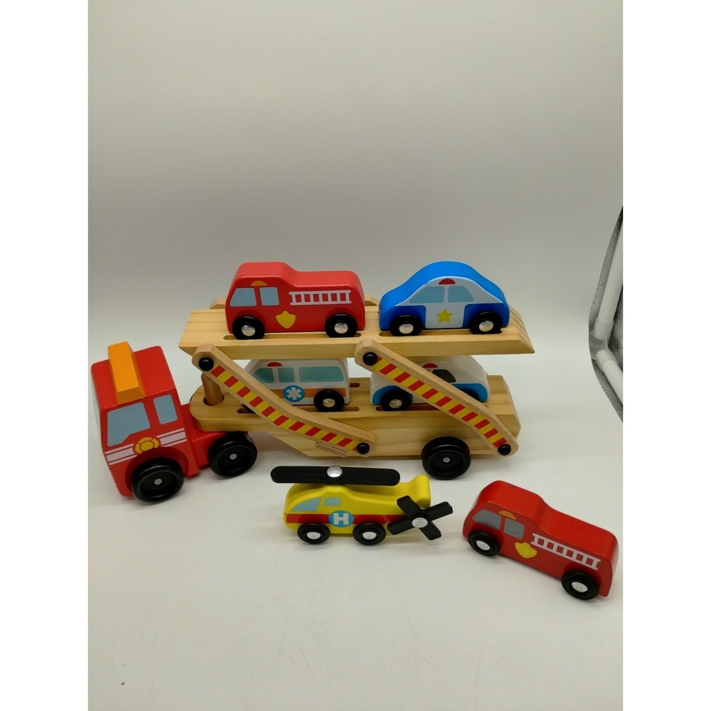 Melissa & Doug Wooden Emergency Vehicle Carrier, 4 Emergency Vehicles, + Extras